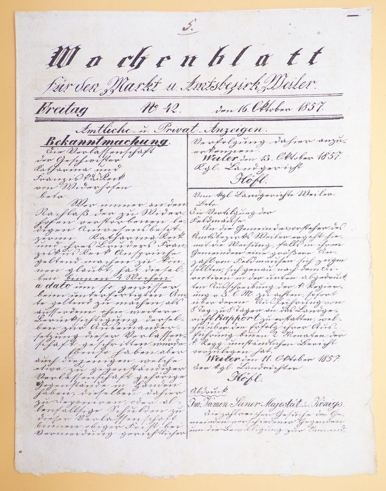 Wochenblatt für Markt Weiler und die Umgebung 1853 Süttlerin Zeitung Wochenblatt für Markt Weiler und die Umgebung 1853 Süttlerin Zeitung