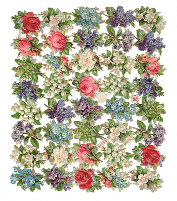 Oblaten Bogen No 6995 Blumen Rosen Flieder Maiglöckchen vor 1945
