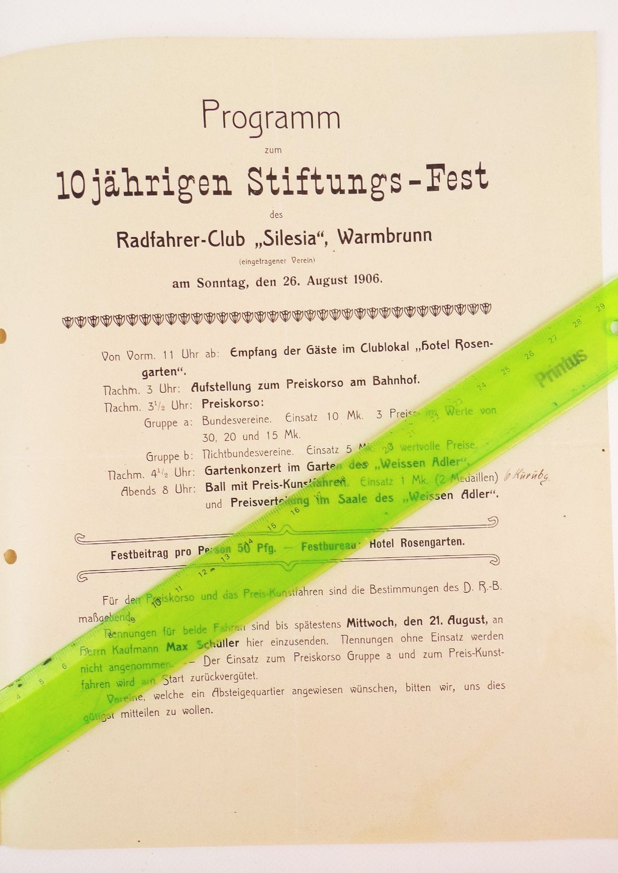Radfahrer Club Silesia Warmbrunn Schlesien 1906 Stiftungsfest Dokument 