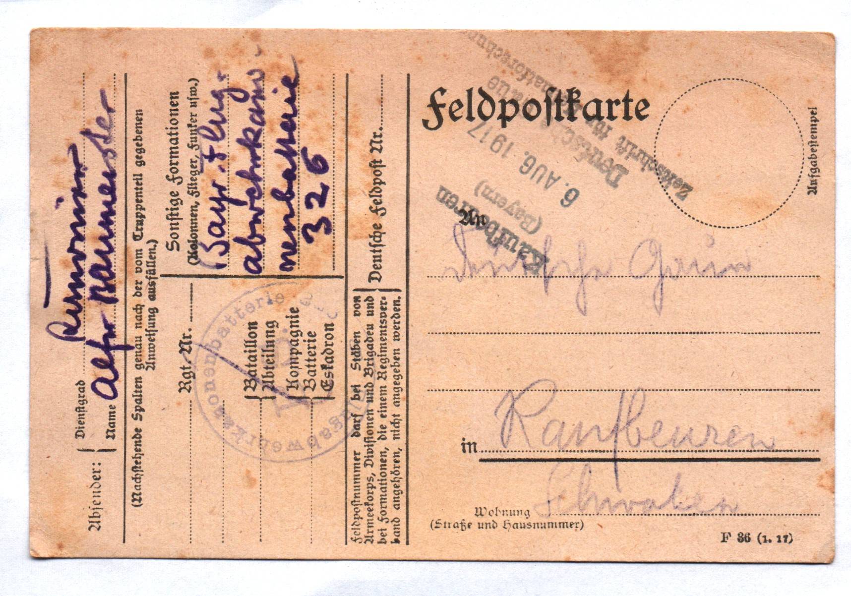 Feldpostkarte Flugabwehr Kanonen Batterie 326 Stempel 1 Wk WW1