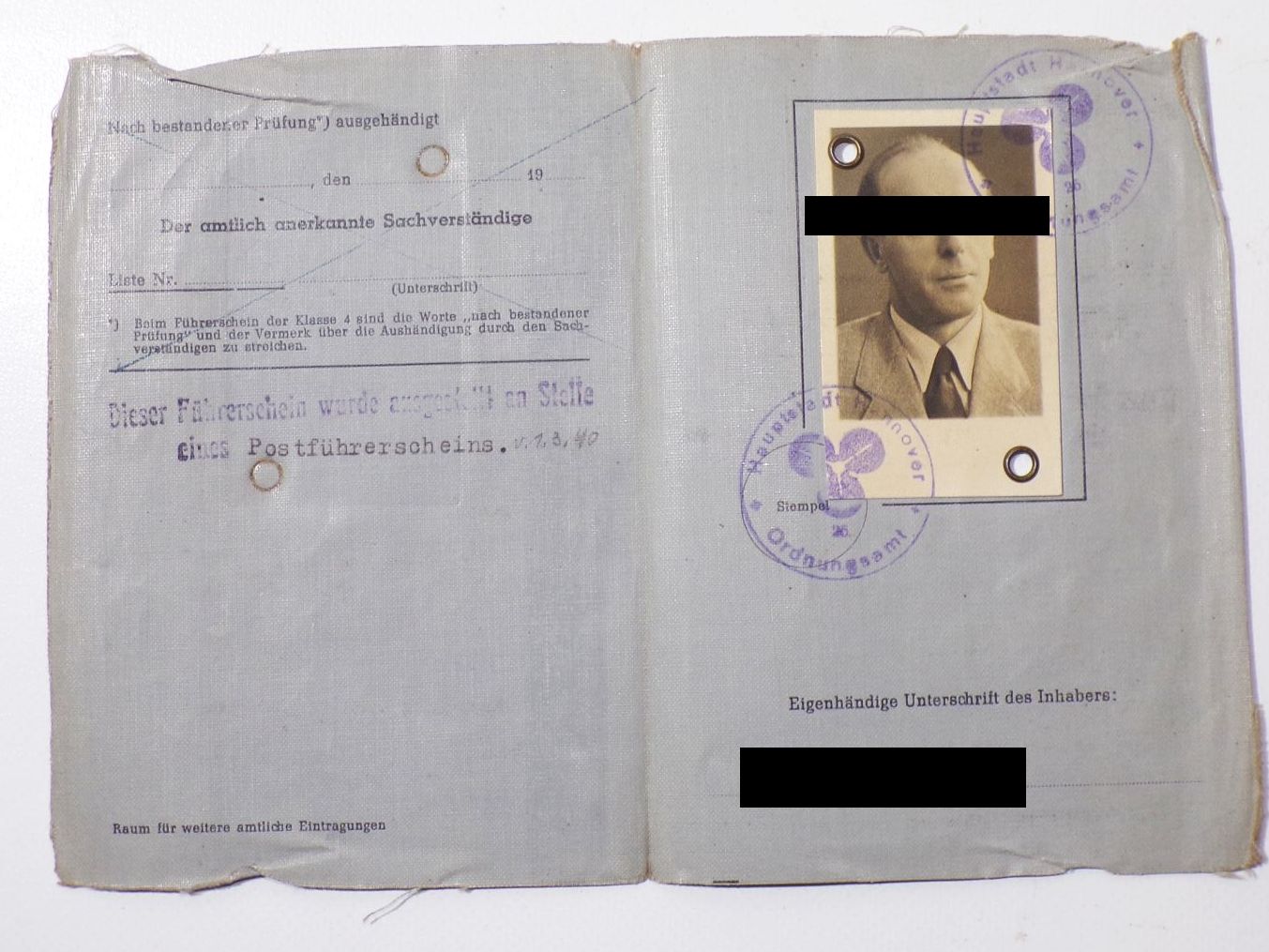 Führerschein Verbrennungsmaschine Klasse 3 Hannover 1954