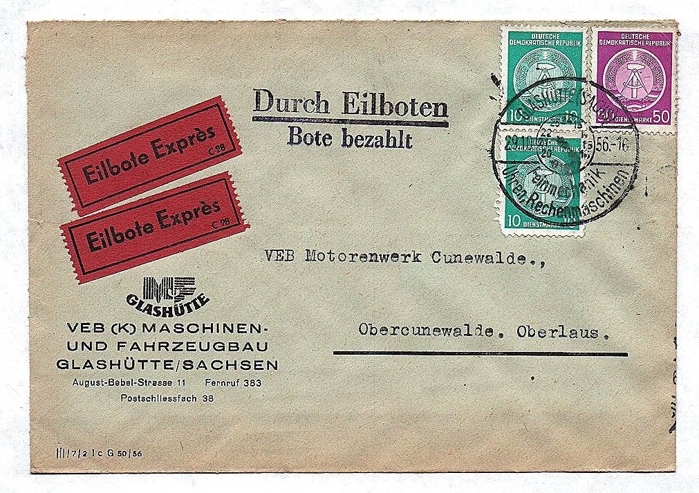 Eilbote Expres VEB Maschinen Fahrzeugbar Glashütte an VEB Motorenwerk Cunewalde 1956