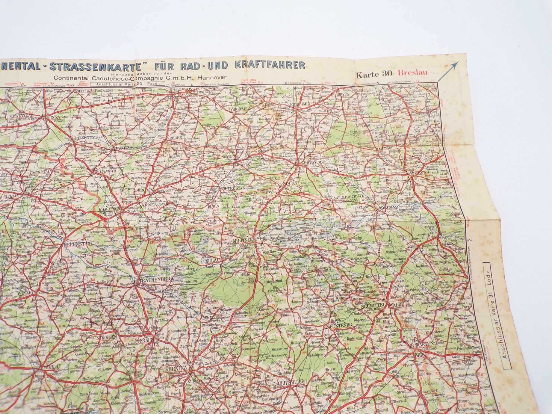 Alte Continental Straßenkarte Landkarte 30 Breslau Wroclaw Polen