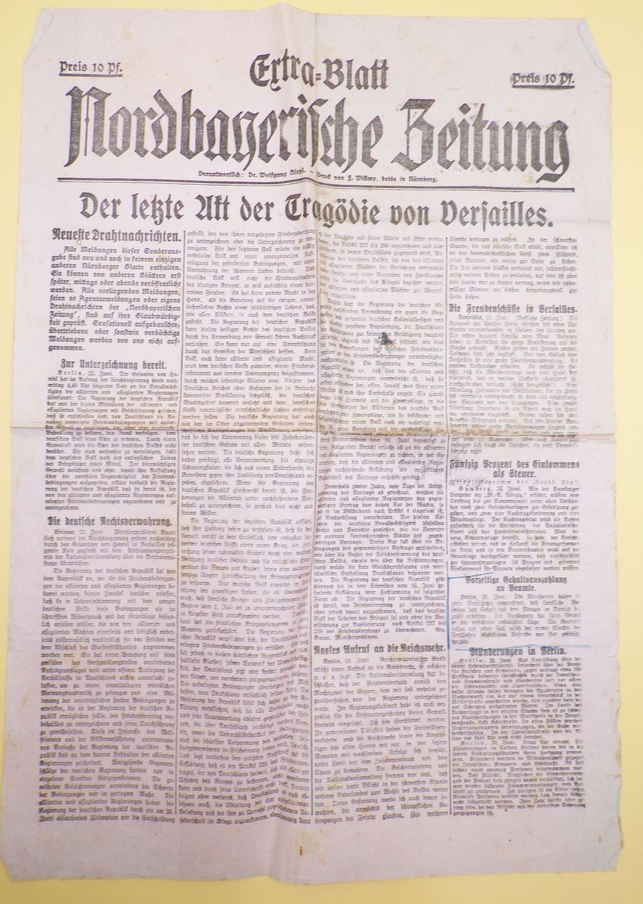 Extrablatt Nordbayerische Zeitung Tragödie Versailles um 1919