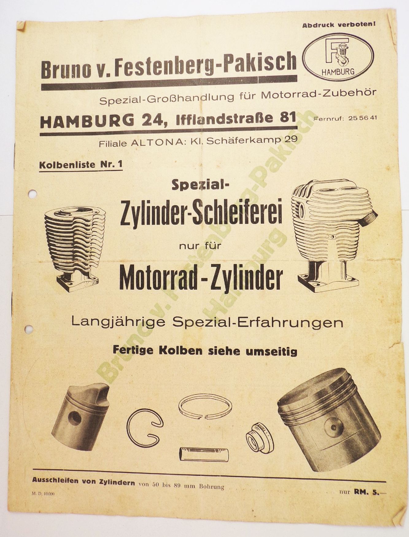 Prospekt Zylinder Schleifen Motorrad Ferstenberg Pakisch Hamburg 1930 er 