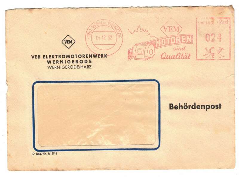 Firmen Brief 1952 VEB Elektromotorenwerk Wernigerode Harz Behördenpost