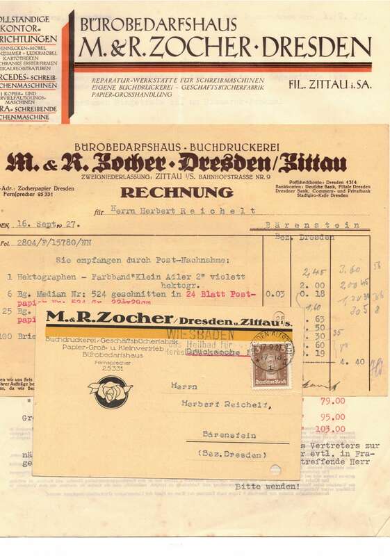 Konvolut Zocher Bürobedarf Papiere Buchdruckerei Dresden Karten Rechnungen