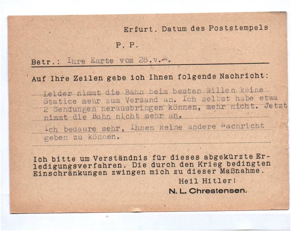 Firmen Postkarte Chrestensen Erfurt Blumen 1944 Maschinenstempel Firmen Postkarte Chrestensen Erfurt Blumen 1944 Maschinenstempel