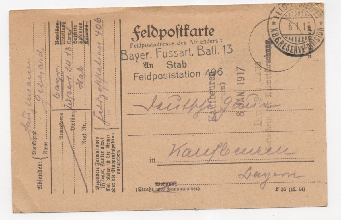 Feldpostkarte 1917 Bayerisches FAR Batl 13 Stempel