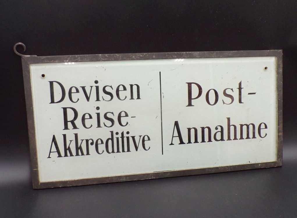 Altes Hotel Glasschild Postannahme Devisen Reise Akkreditive Requisit Deko