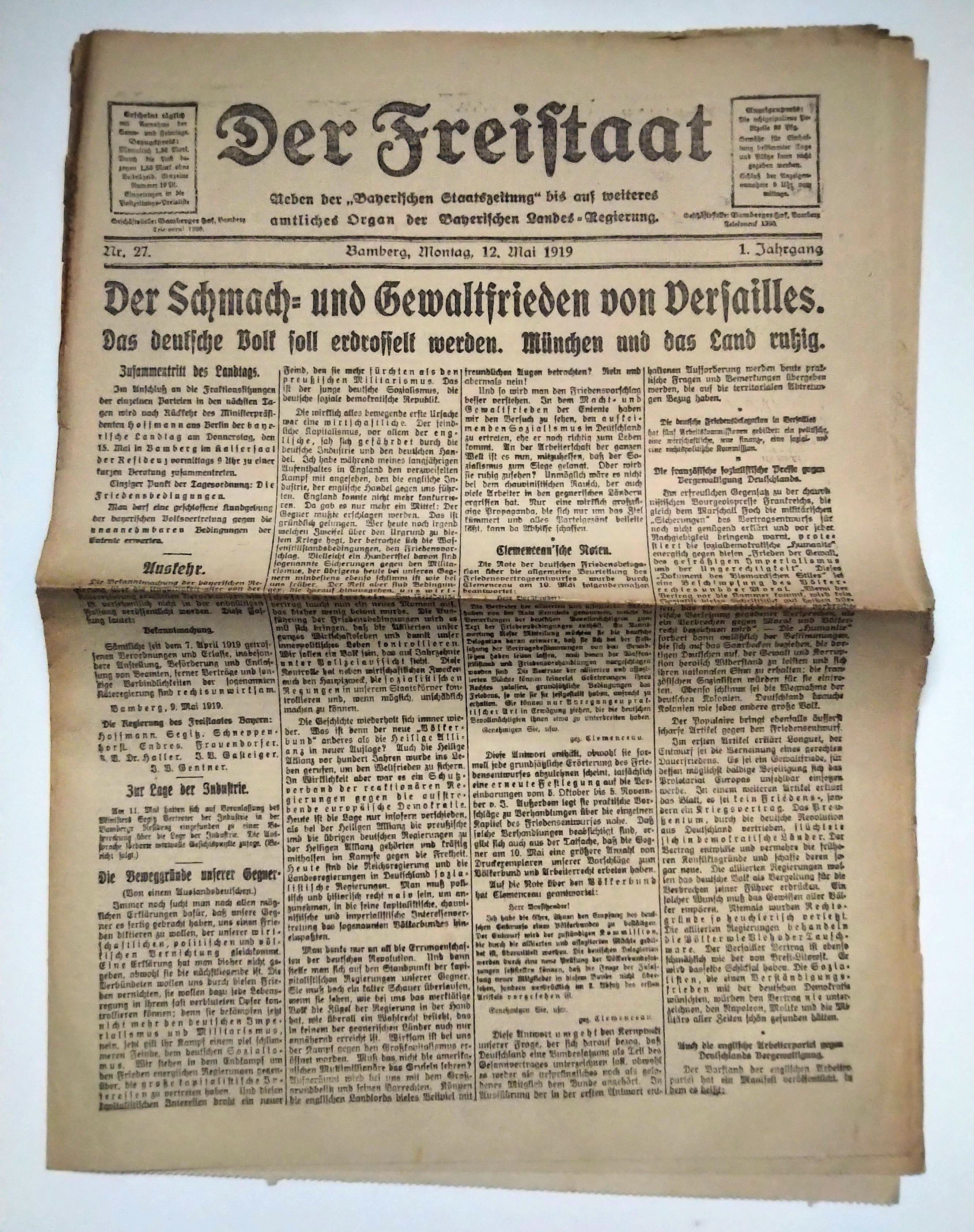 Der Freistaat 1919 Nr 27 alte Zeitung Gewaltfrieden von Versailles