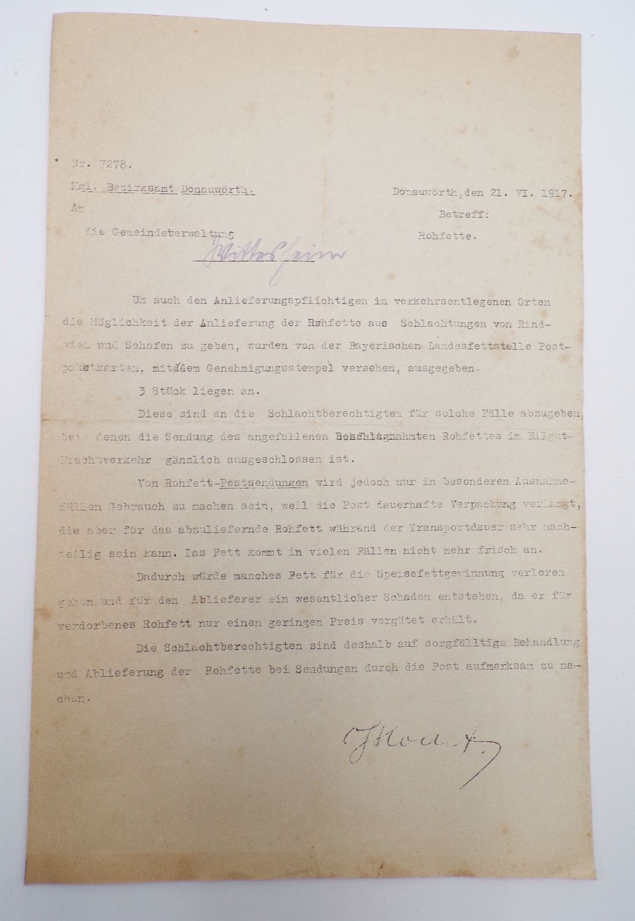 Dokumente Rationierung Fette 1917 Donauwörth Landesfettstelle Rohfette