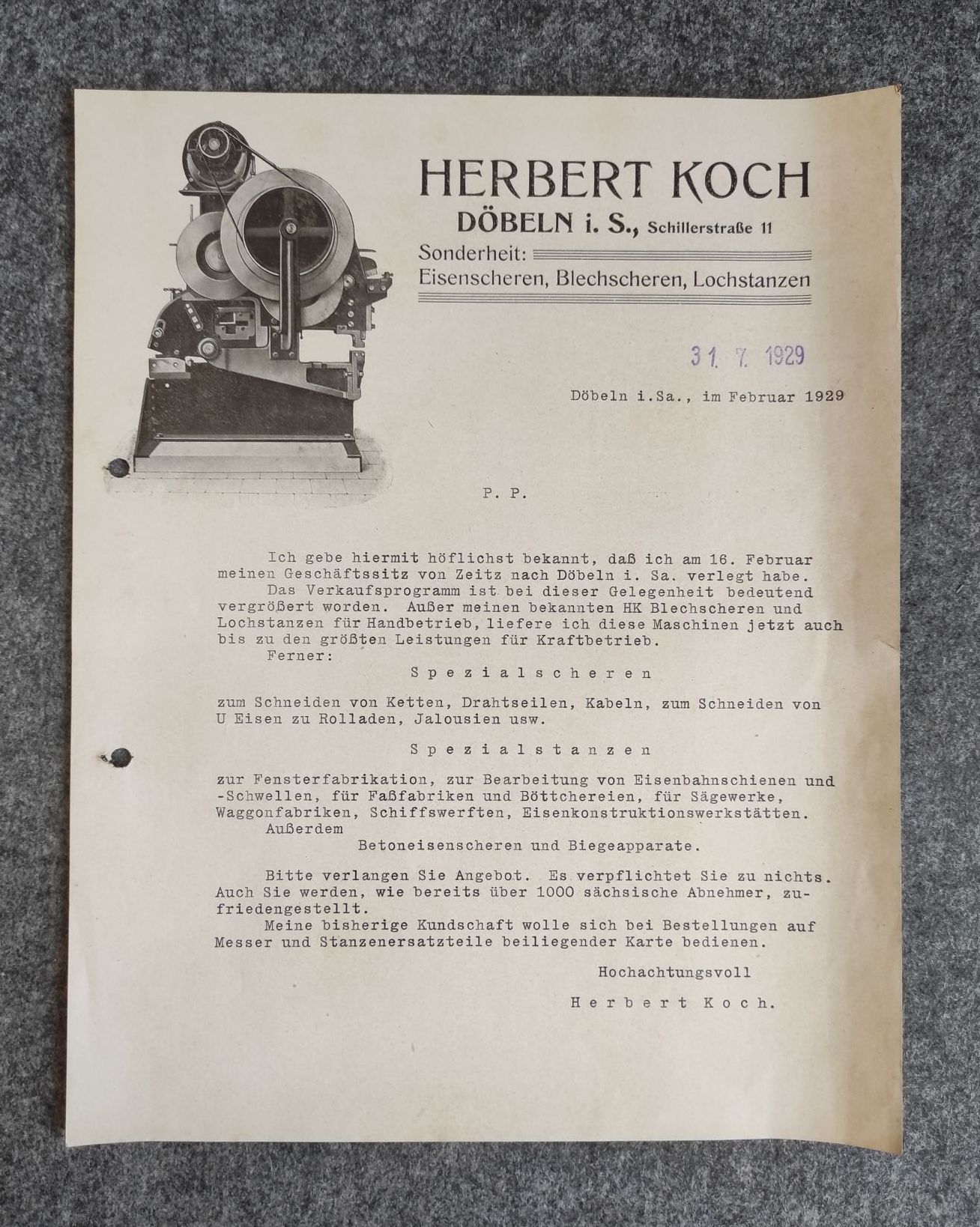 Altes Dokument Herbert Koch Döbeln Maschinenfabrik 1929 Altes Dokument Herbert Koch Döbeln Maschinenfabrik 1929