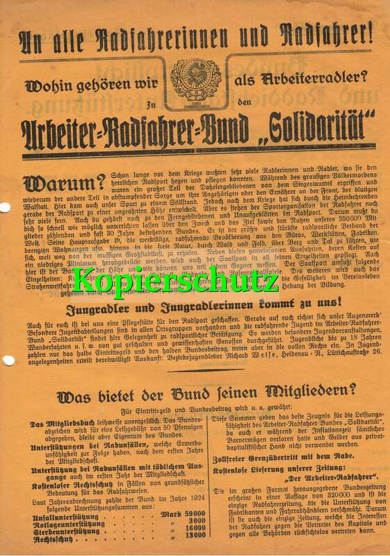 Aufruf Fluglatt Arbeiter Radfahrer Bund Solidarität 1930 !