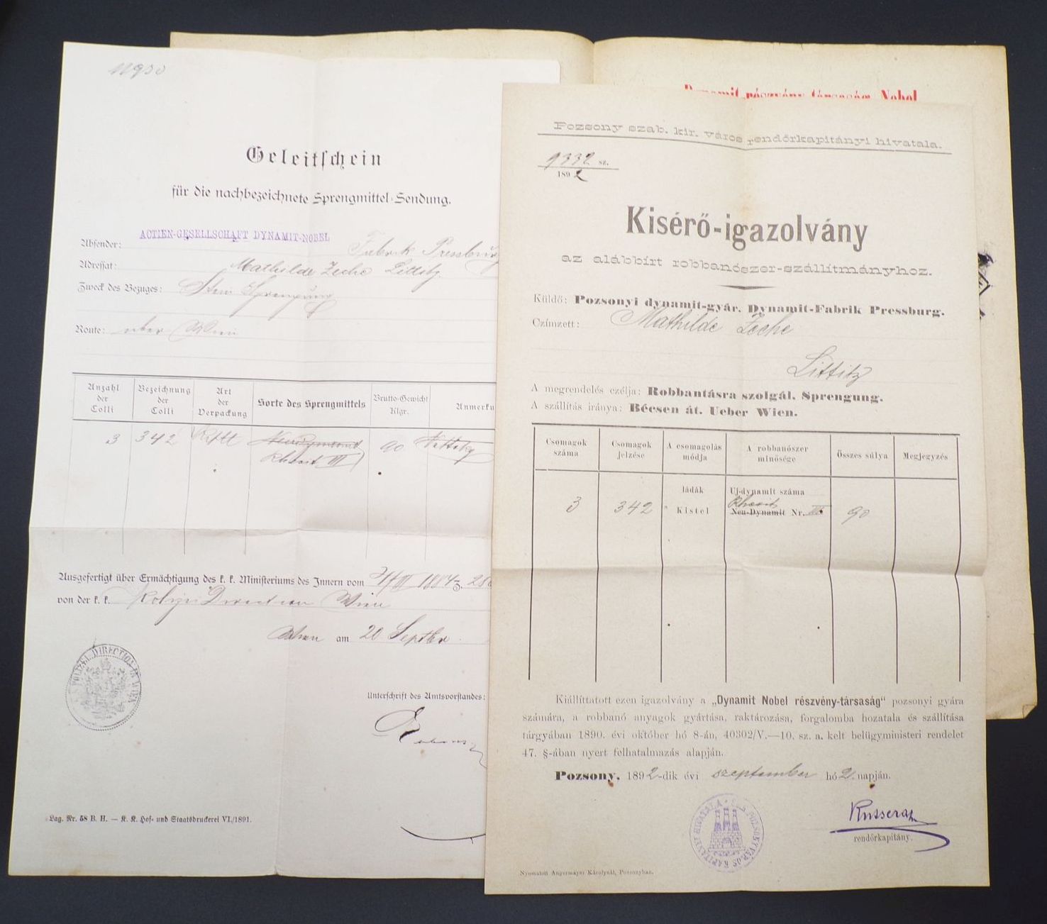 Eilfrachtbrief Bergverwaltung Mathilde Zeche Bergbau Littitz nach Pozsony 1892