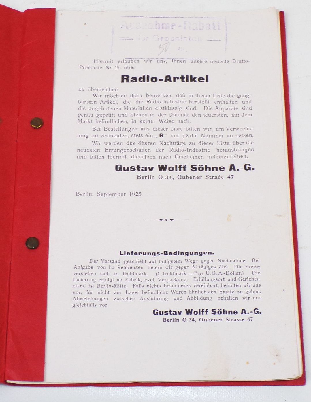 Alter Radio Katalog Gustav Wolff Söhne AG Berlin Detektor Röhren Zubehör