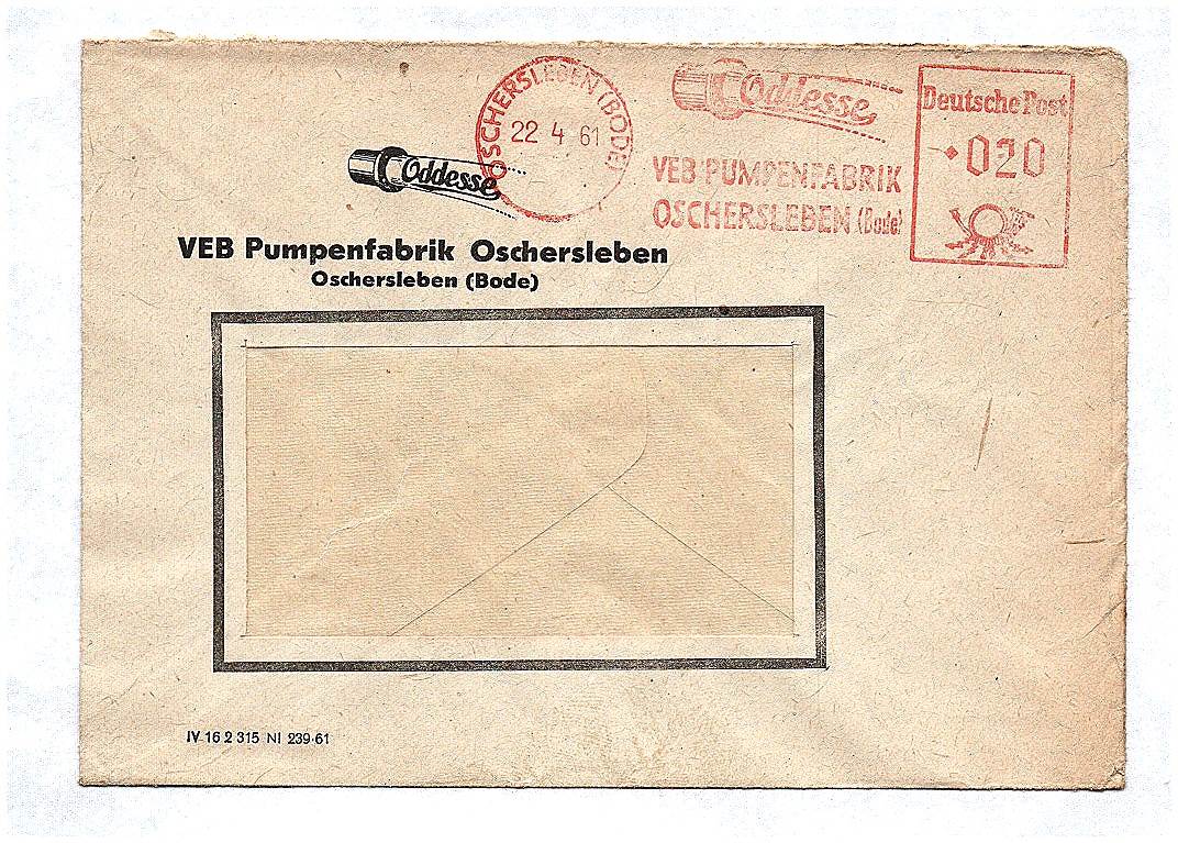 Briefkuvert 1961 VEB Pumpenfabrik Oschersleben Bode DDR