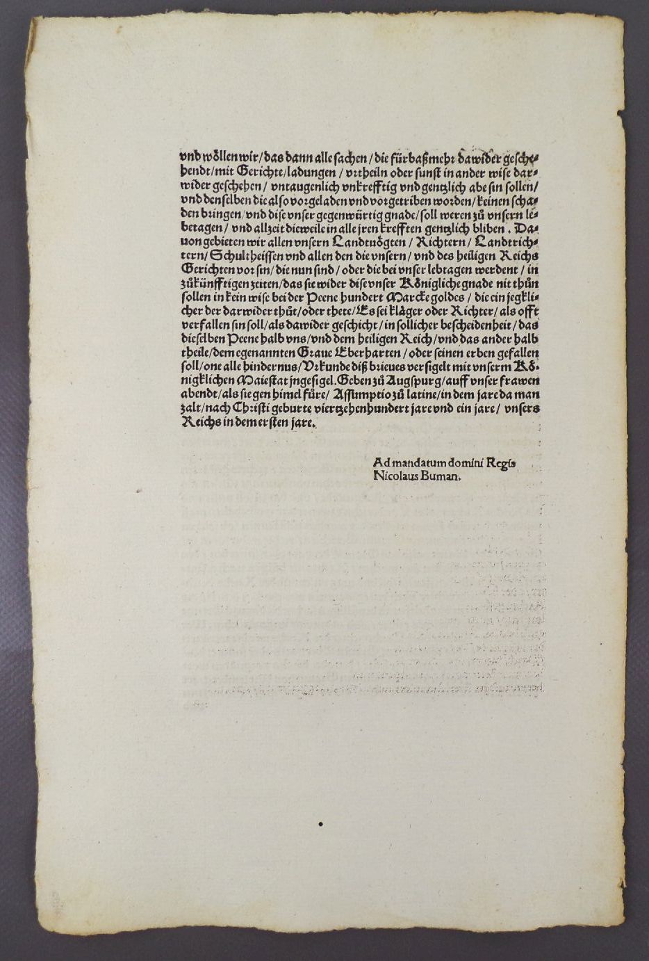 Alter Druck 1415 König Sigmund Bekenntnis Graf Eberhard von Württemberg Alter Druck 1415 König Sigmund Bekenntnis Graf Eberhard von Württemberg