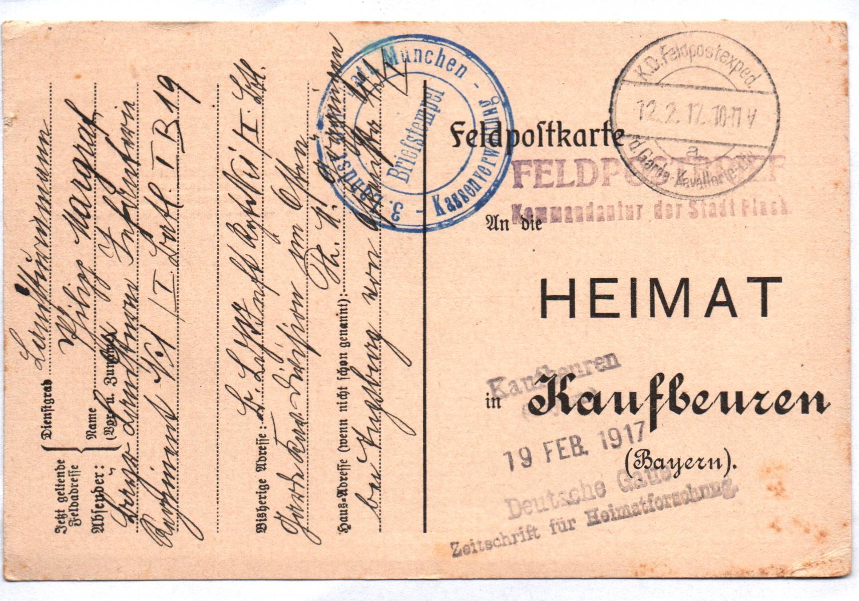 Feldpostkarte 1 Weltkrieg Bayern LIR No 1 Kassenverwaltung Stempel 1917 