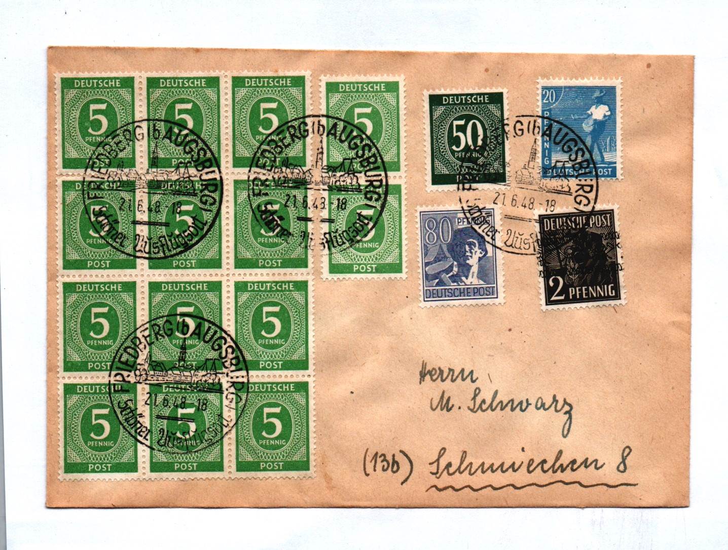 1948 Miischfrankatur Bizone Augsburg Bayern Brief