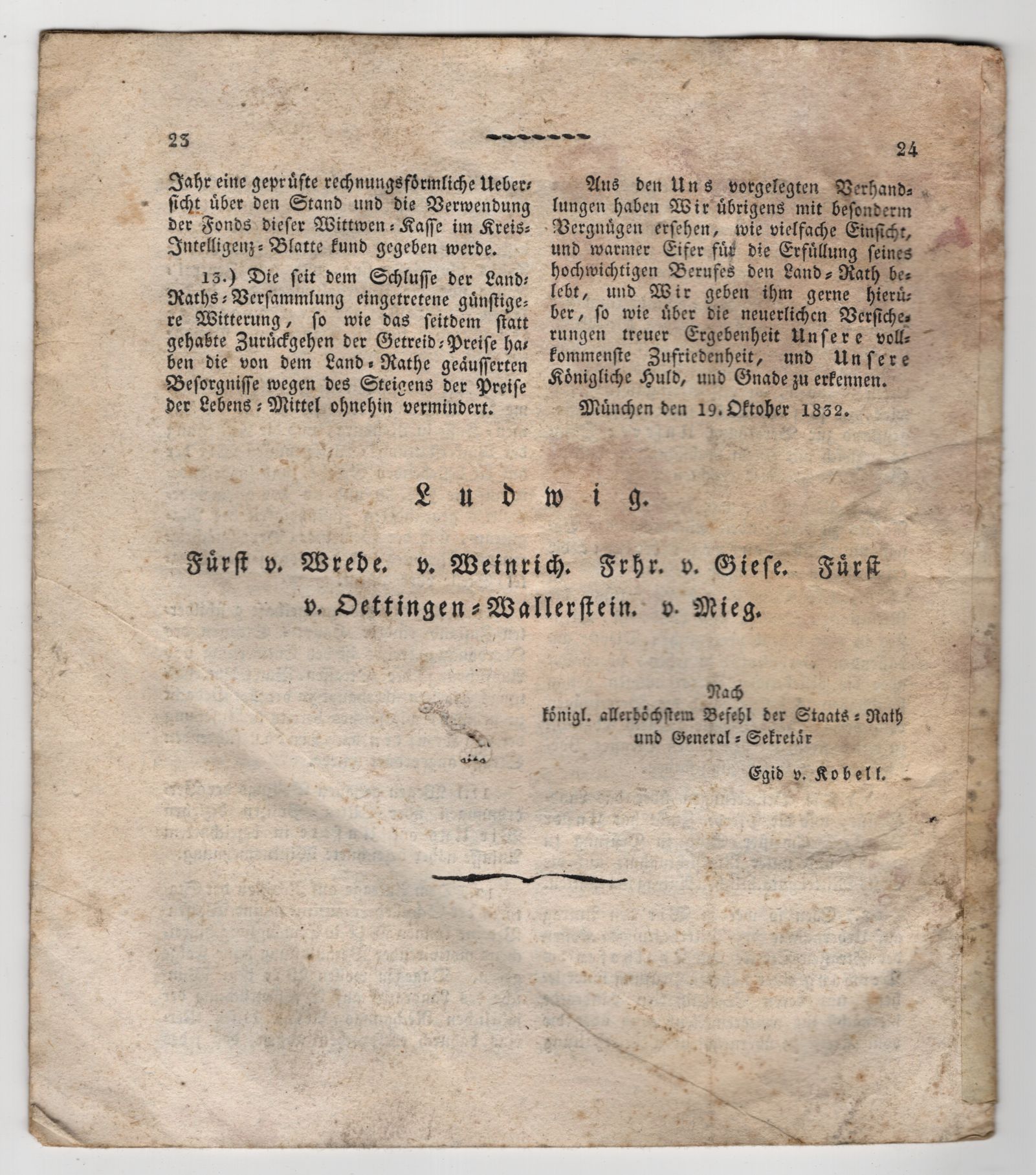Dekret Abschied für den Landrat des Oberdonau Kreises 1832 Augsburg Dekret Abschied für den Landrat des Oberdonau Kreises 1832 Augsburg