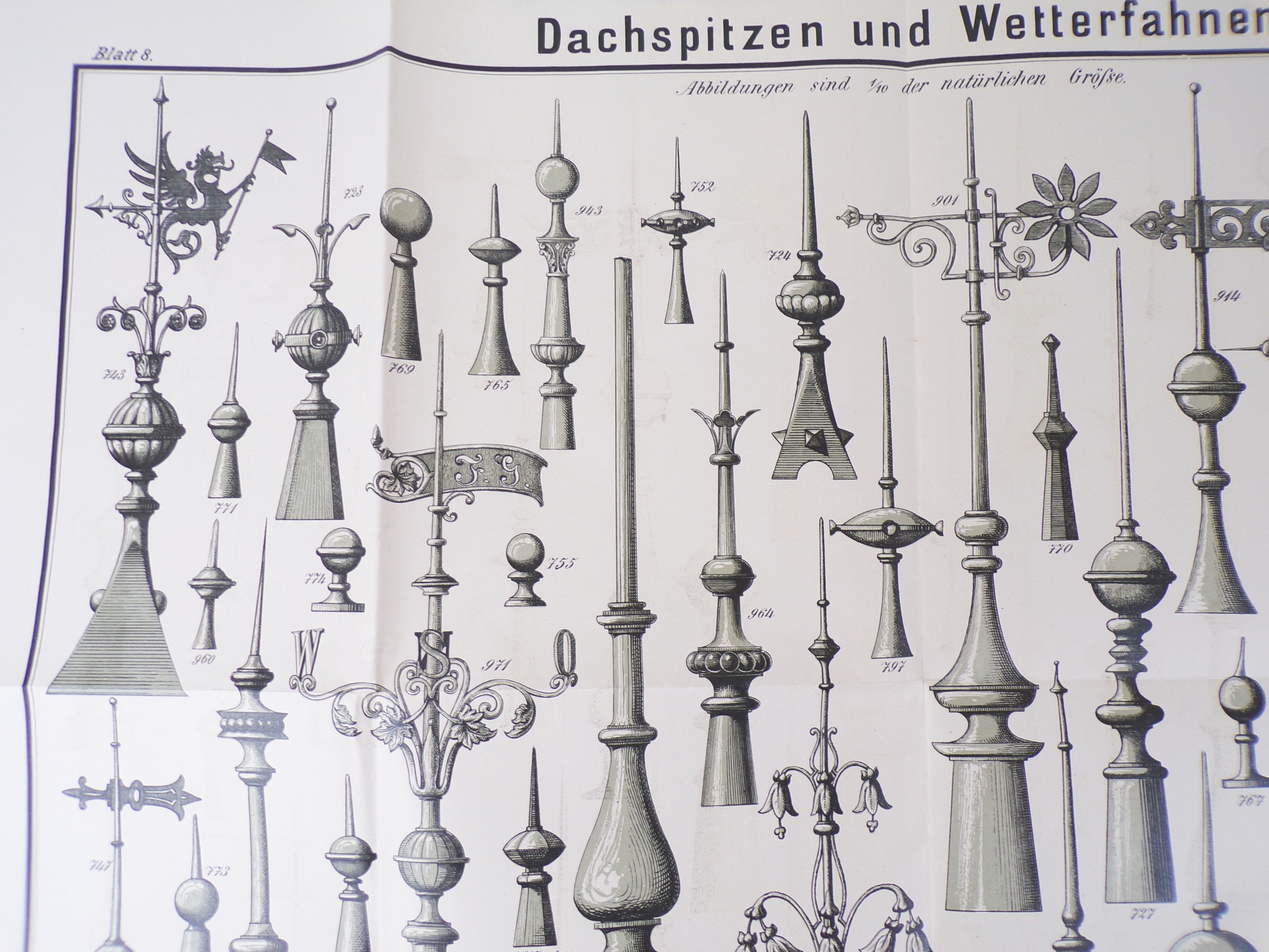 Dachspitzen und Wetterfahnen Druck um 1910 Muster Blatt Dachspitzen und Wetterfahnen Druck um 1910 Muster Blatt
