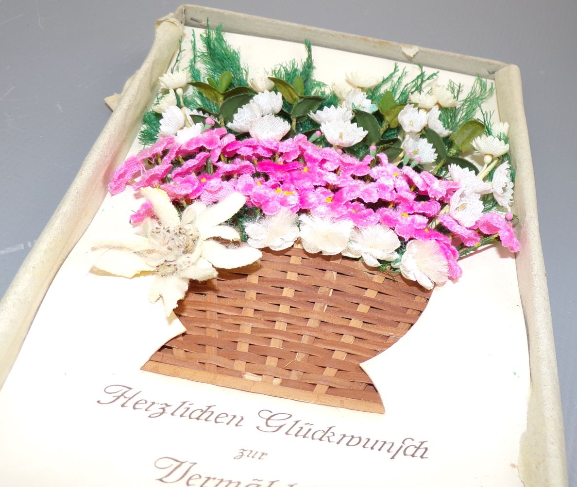 Alte Karte zur Vermählung Heirat handgebastelt Kunstblumen 