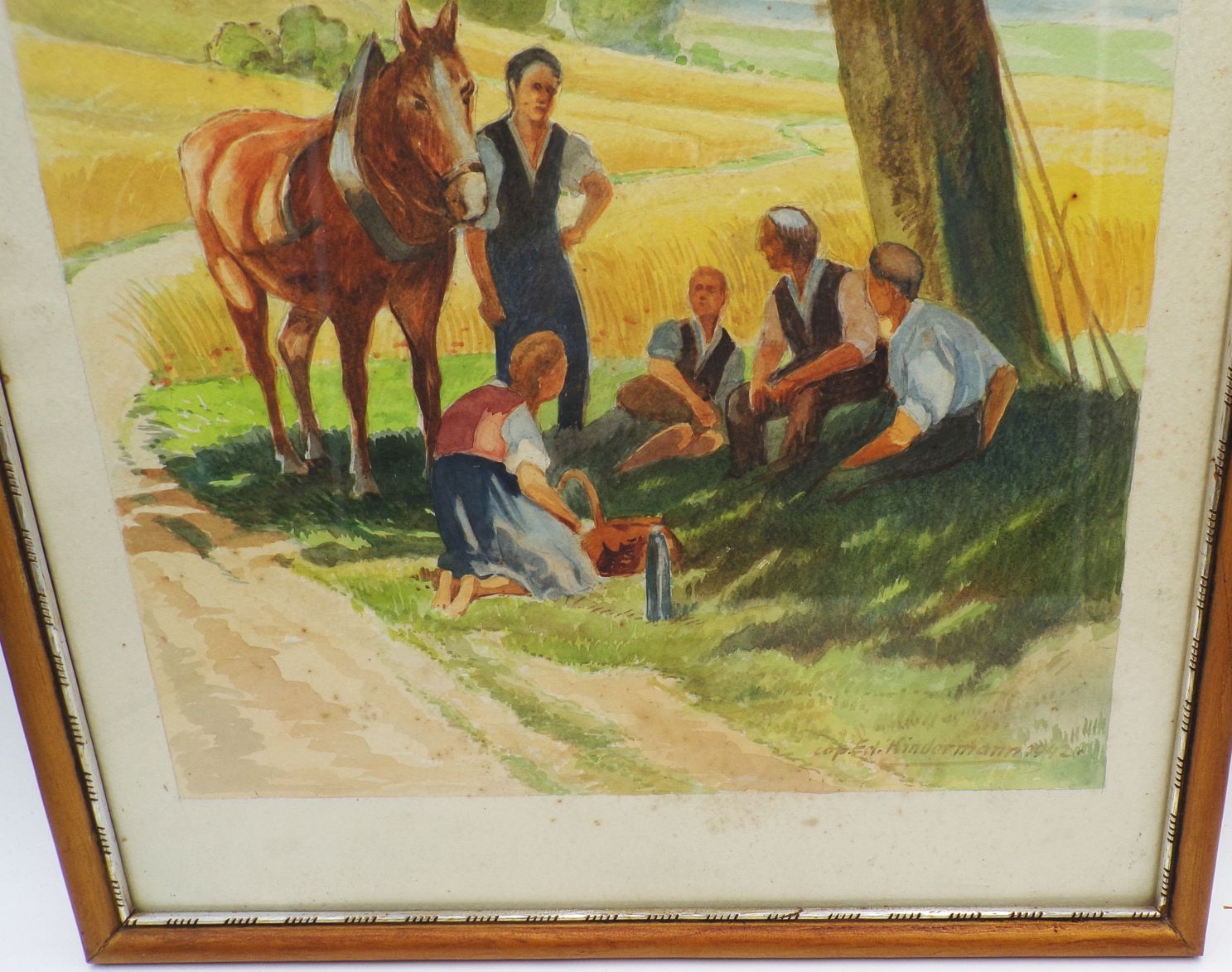 Aquarell Cop Ed Kindermann 1942 Landarbeiter bei der Rast Landwirtschaft 