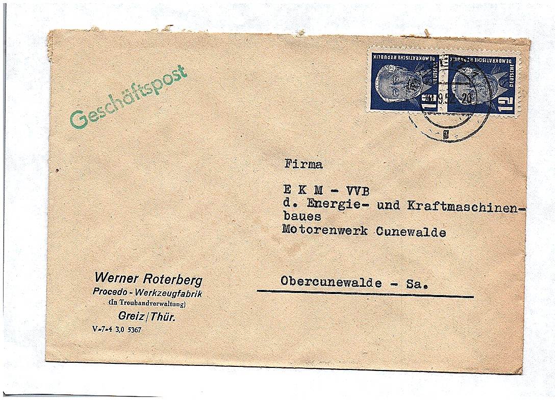 Firma Procedo Werkzeugfabrik Greiz Thüringen 1952 Geschäftspost