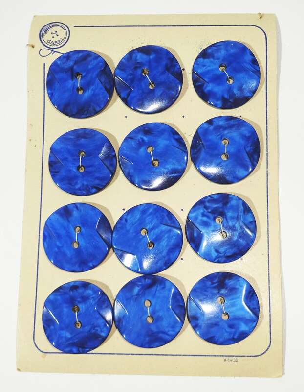 Alter Knopf 12 Stück Platte Knöpfe Art Deco Look Retro Vintage D 35 mm Unbenutzt Blau 