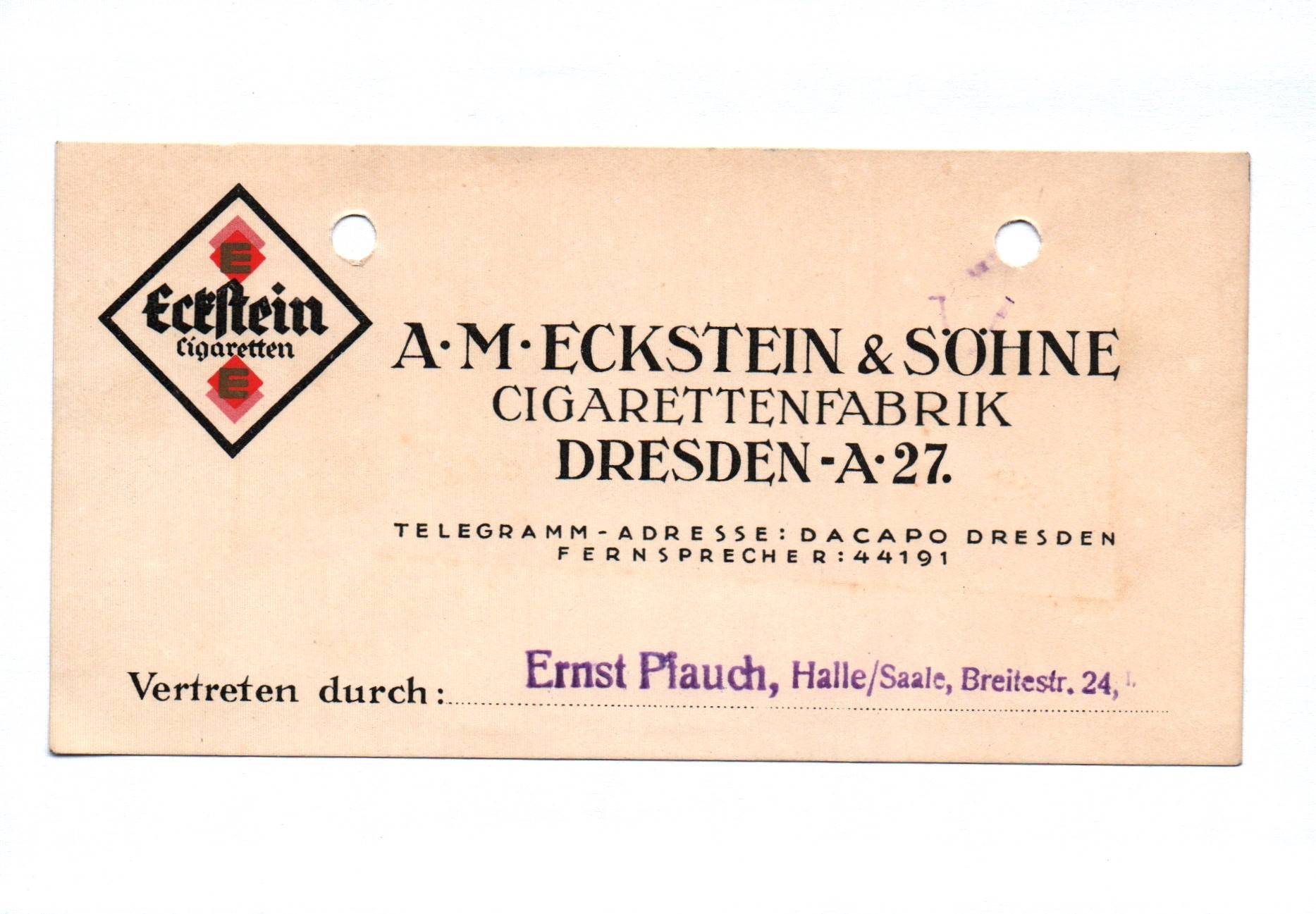 Visitenkarte Eckstein Zigaretten Cigarettenfabrik Dresden Visitenkarte Eckstein Zigaretten Cigarettenfabrik Dresden