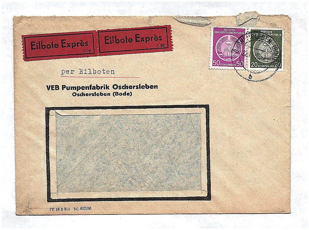 Eilbote Expres Brief VEB Pumpemfabrik Oschersleben Bode 1956