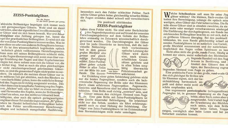 Reklame Prospekt Zeiss Punktalgläser Brillengläser 1920er 