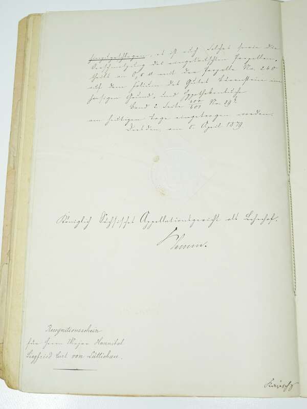 Akte Major Hannibal von Lüttichau Schloss Bärenstein Kaufvertrag 1879