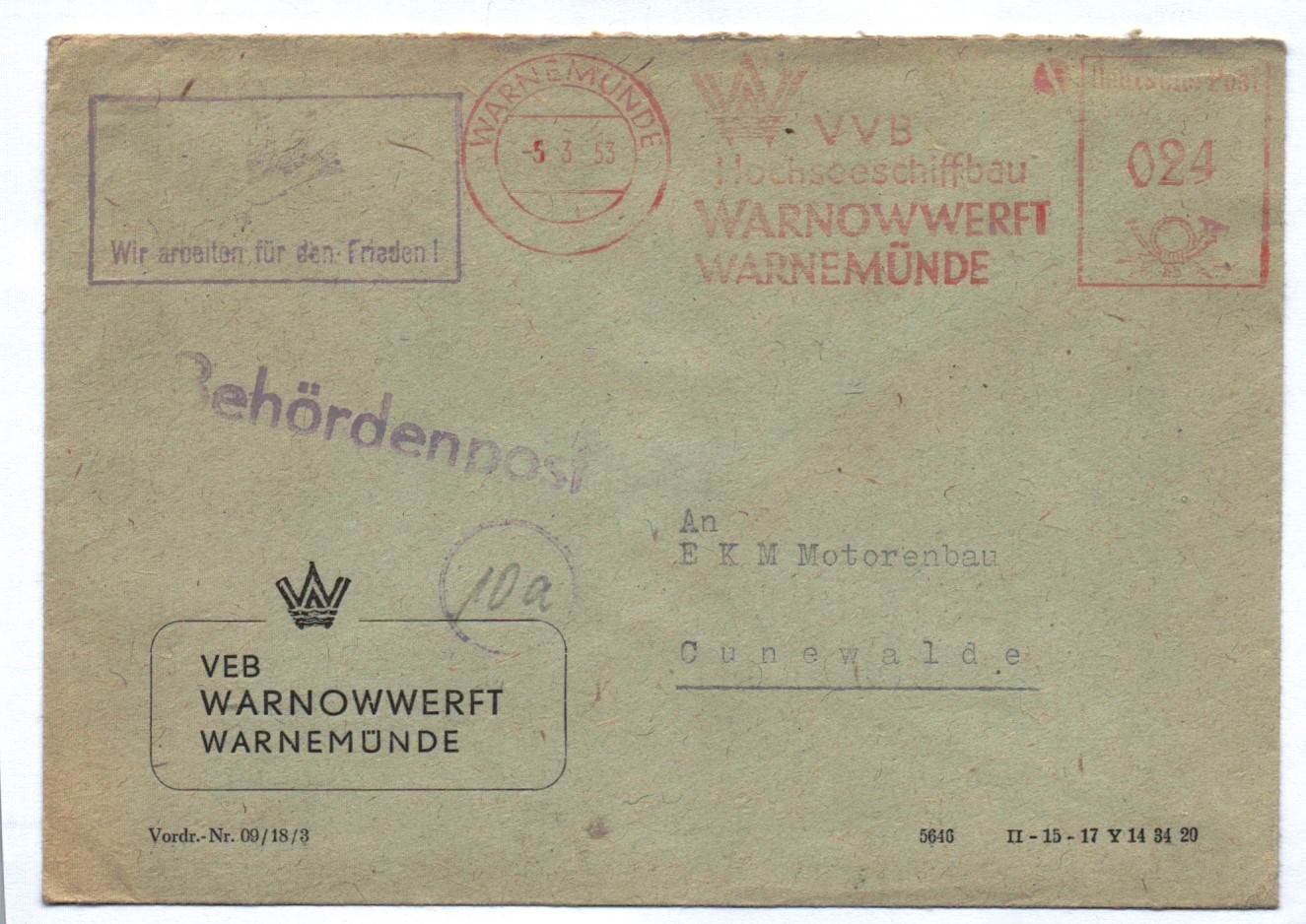 Behördenpost VEB Warnowwerft Warnemünde DDR Behördenpost VEB Warnowwerft Warnemünde DDR