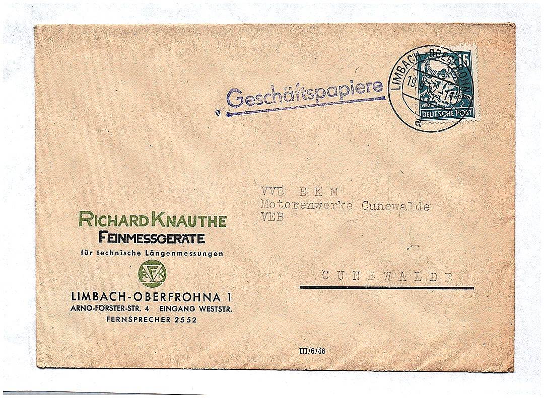 Geschäftspapiere Feinmessgeräte Limbach Oberfrohna DDR 1952