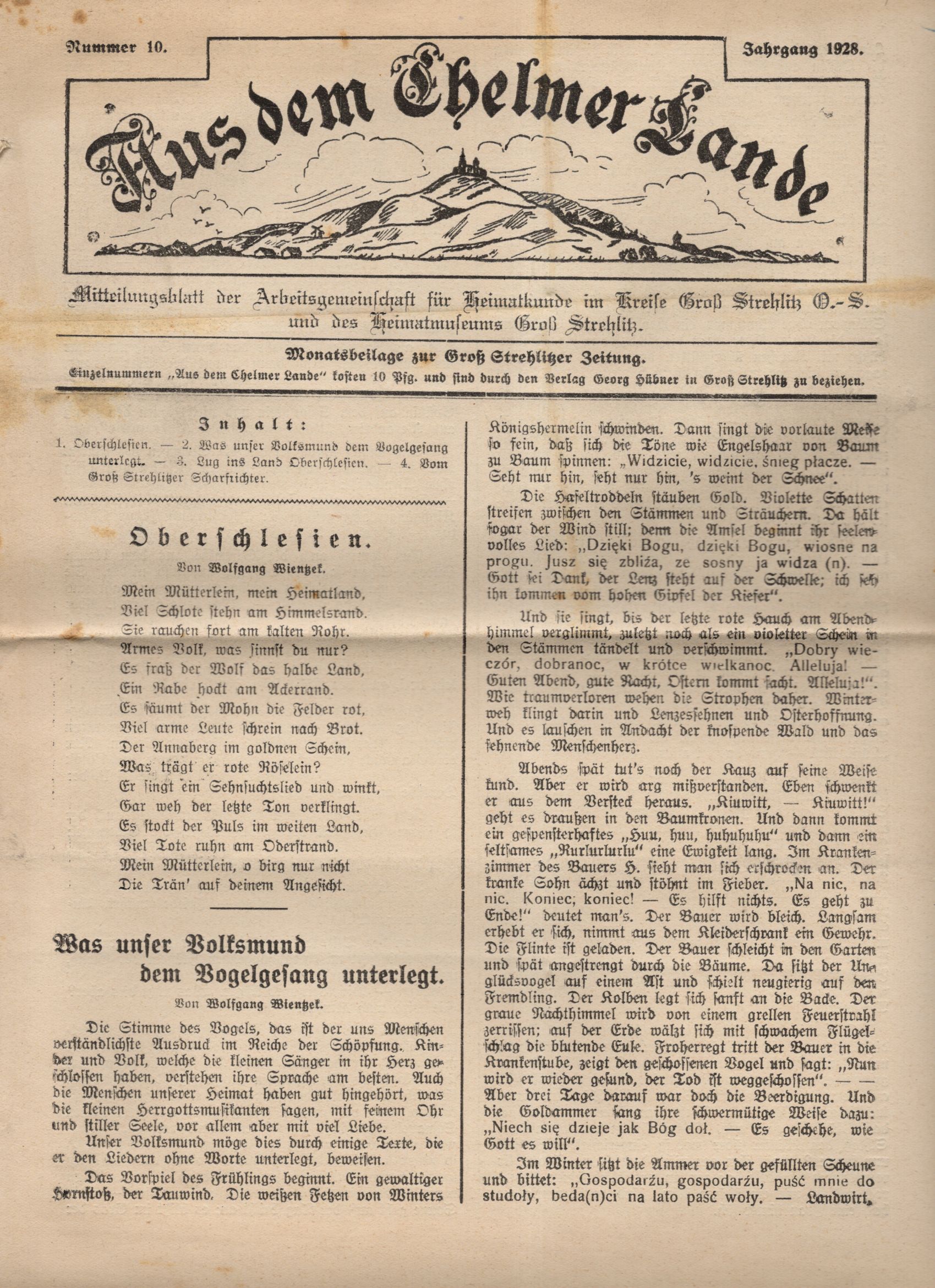 Aus dem Chelmer Landes Groß Strehlitz Schlesien Nr 10 Jahrgang 1928