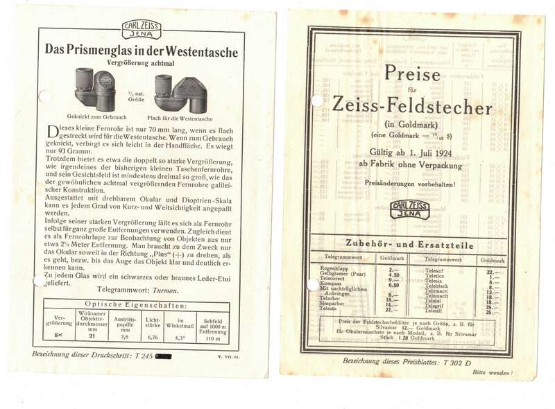 Werbe Prospekt Carl Zeiss Jena Feldstecher Fernglas  1924er ! 