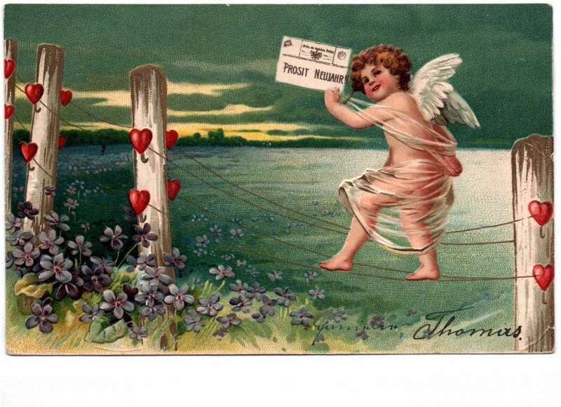 Ak Amor mit Karte Prosit Neujahr Herzen 1904 geprägt