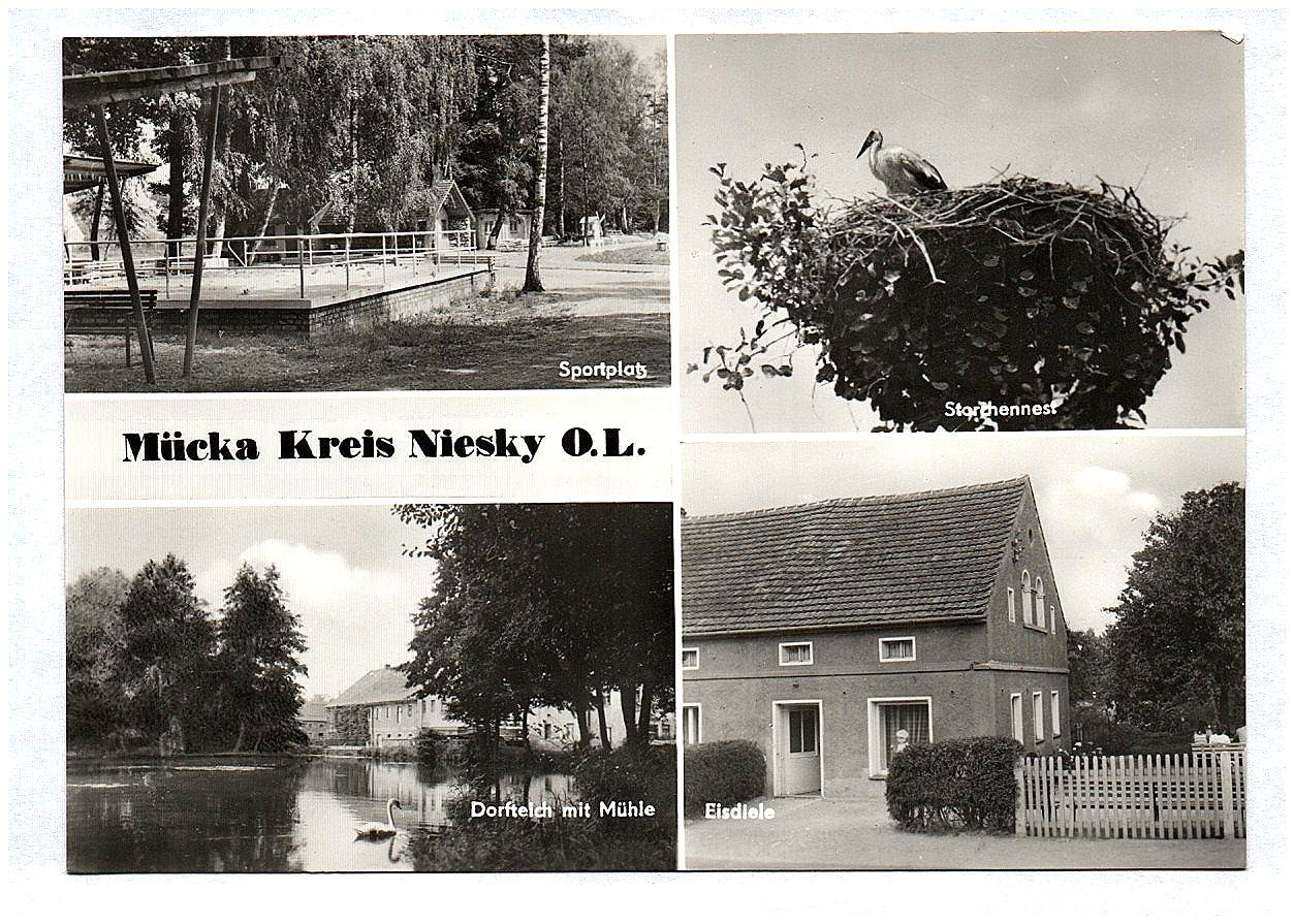 Ak Sachsen Mücka Niesky OL DDR Sportplatz Storchennest Dorfteich mit Mühle Eisdiele Ak Sachsen Mücka Niesky OL DDR Sportplatz Storchennest Dorfteich mit Mühle Eisdiele