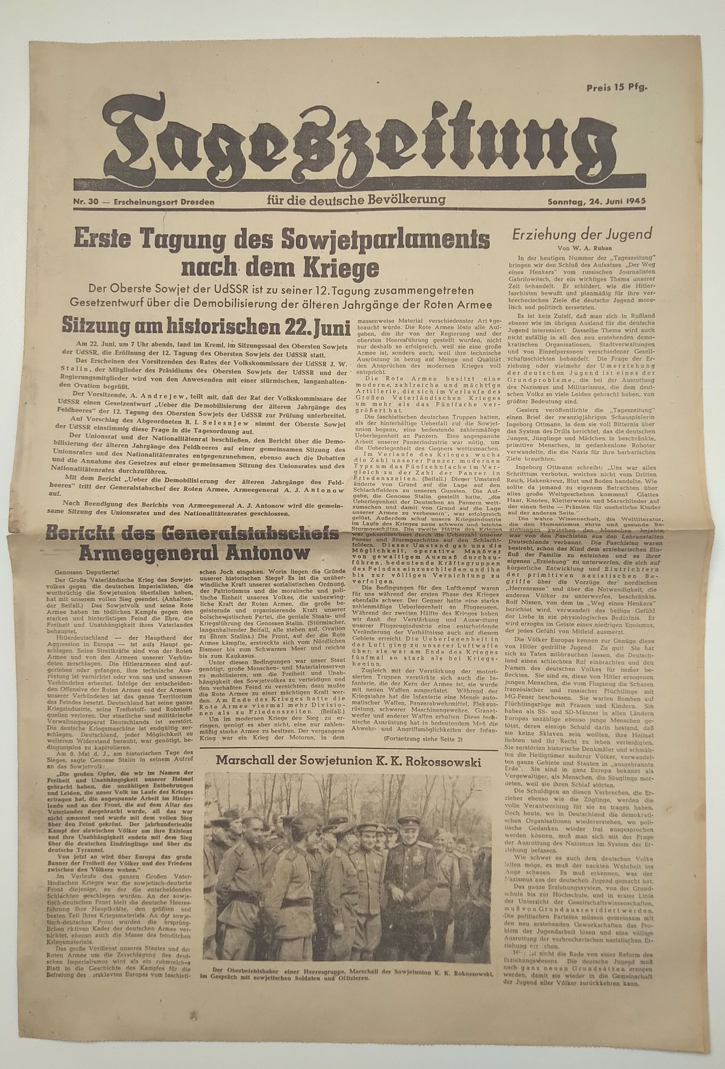Tageszeitung Tagung Sowjetparlament nach dem Kriege 1945 Nr 30 Tageszeitung Tagung Sowjetparlament nach dem Kriege 1945 Nr 30