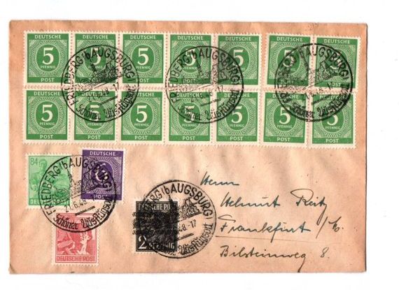 Brief 1948 Friedberg Augsburg nach Frankfurt Mischfrankatur