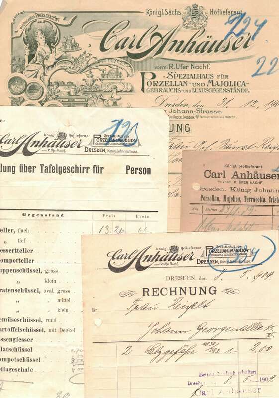 Lot 4 Rechnungen Litho Carl Anhäuser Porzellan Majolica Dresden 1908 !