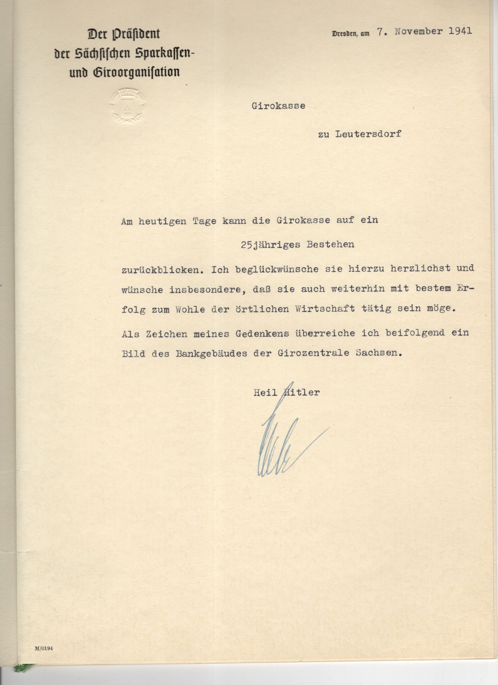 Sparkassen Urkunde 25 Bestehen Girokasse Leutersdorf 1941