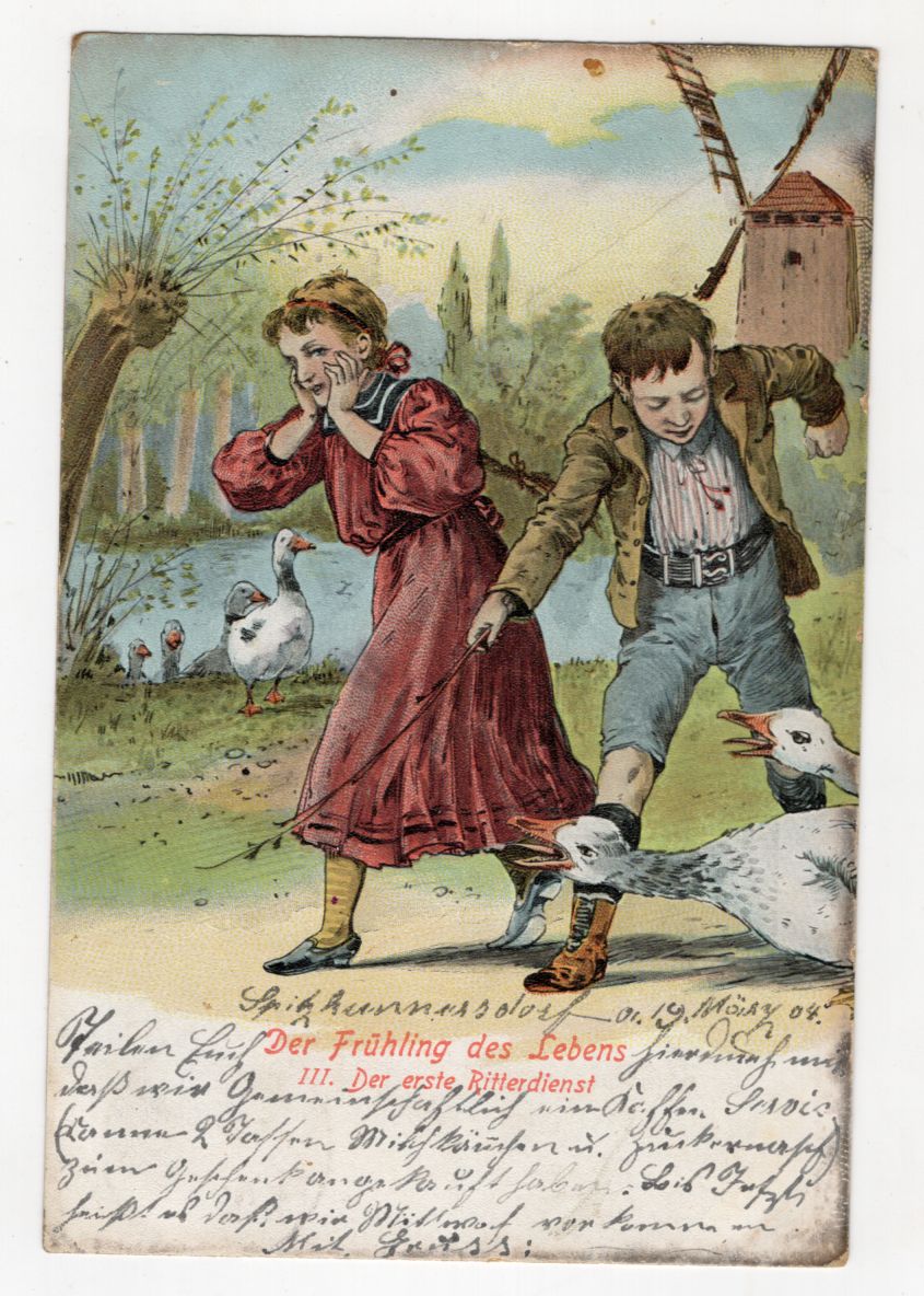 Litho Ak erster Ritterdienst Bube beschützt Mädchen Kitsch Liebe