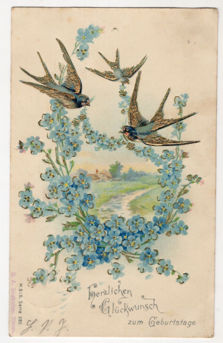 Litho Ak Schwalben mit Vergissmeinnicht Blumen gold geprägt Geburtstag 1905