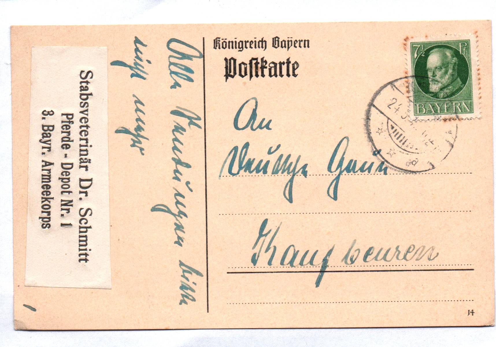 Bayern Postkarte Stabsveterinär Schmitt Pferde Depot Nr 1 3 bayerischer Armeekorps 
