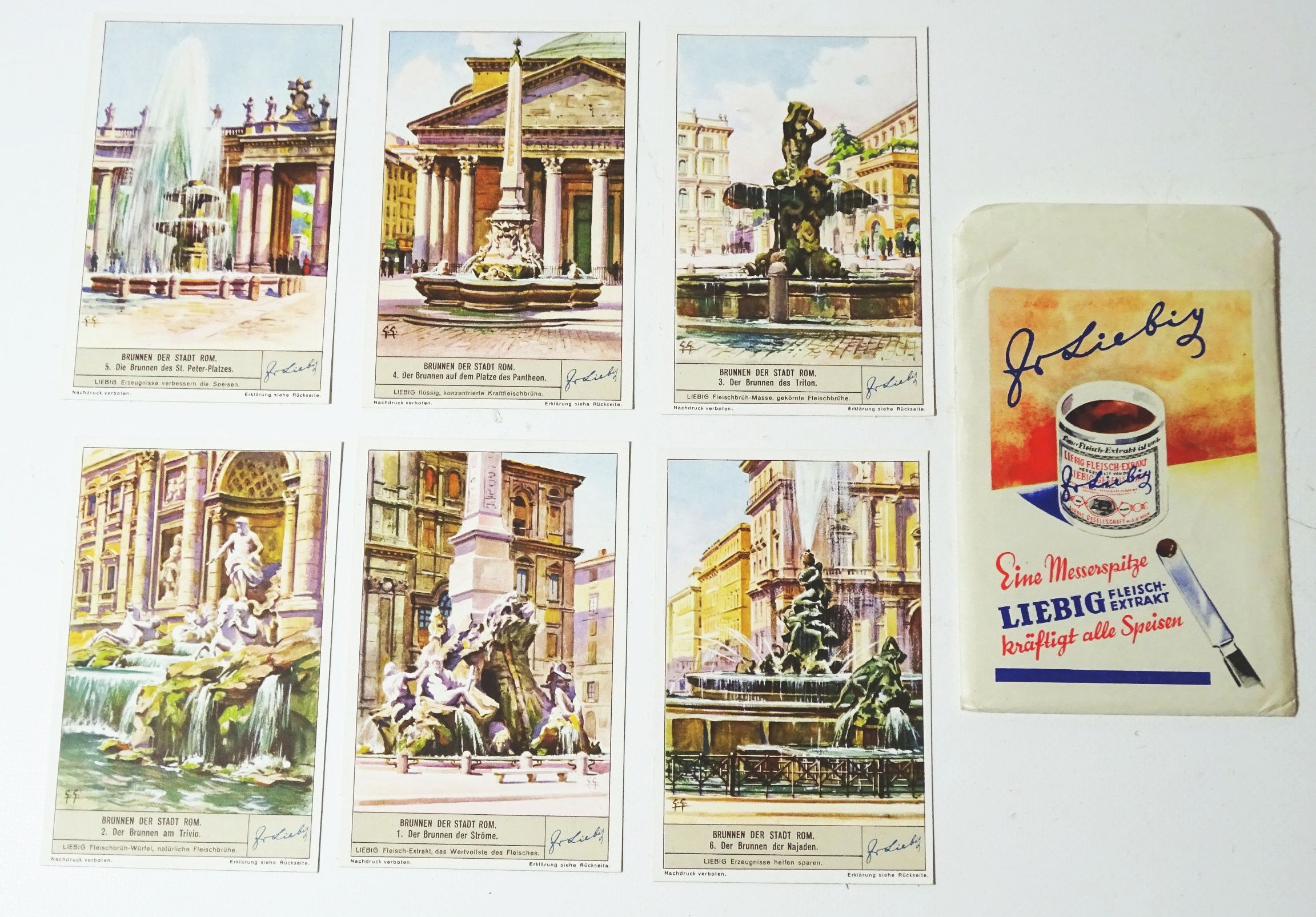 Liebig Brunnen der Stadt Rom 6 Sammelbilder mit Reklame Tüte um 1910 