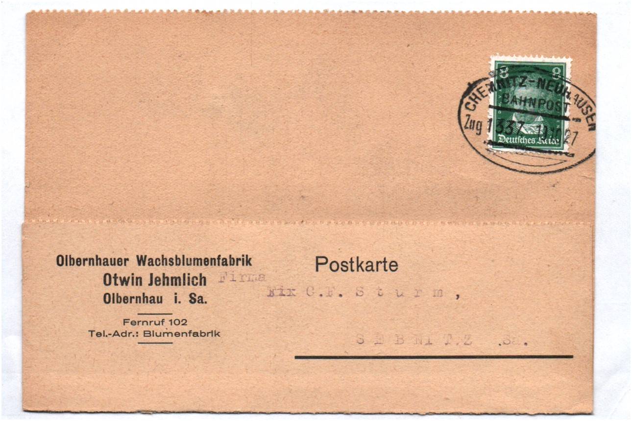 Alte Postkarte Olbernhau Wachsblumenfabrik 1927 Bahnpost Stempel Zug 1337 Alte Postkarte Olbernhau Wachsblumenfabrik 1927 Bahnpost Stempel Zug 1337