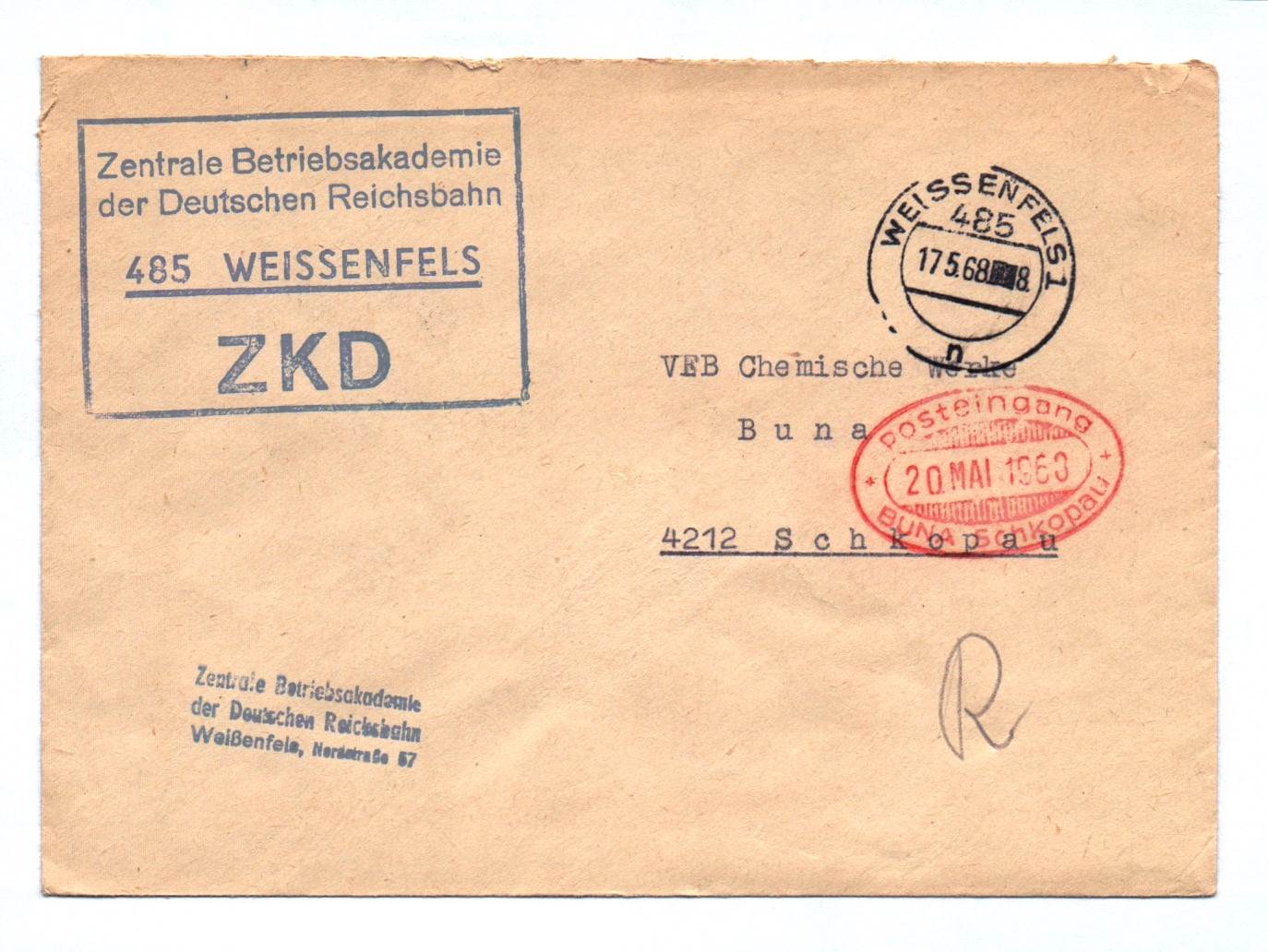 ZKD Brief 1968 Zentrale Betriebsakademie der Deutschen Reichsbahn Weissenfels ZKD Brief 1968 Zentrale Betriebsakademie der Deutschen Reichsbahn Weissenfels